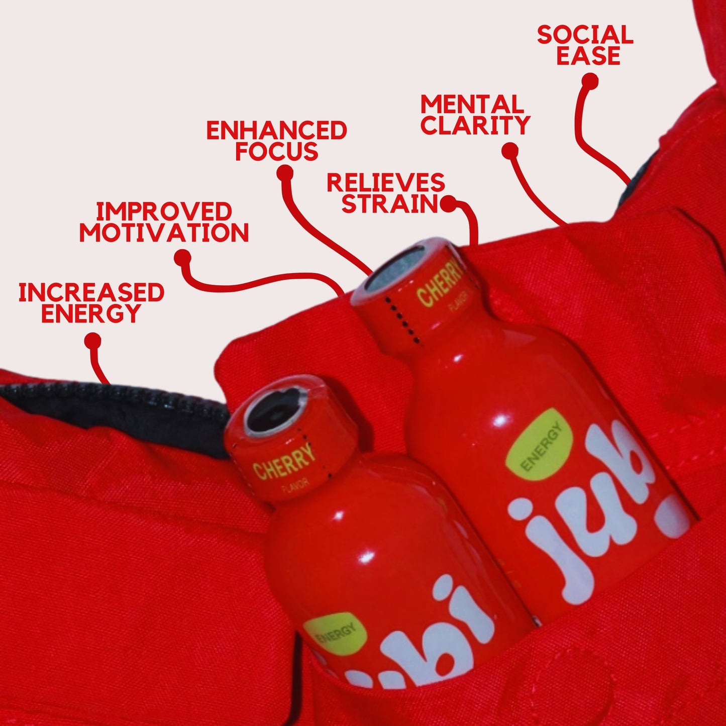 Jubi Kratom Cherry bottles with labeled benefits.