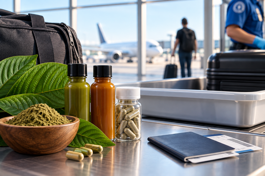 Traveling with kratom shots and tablets through airport security with luggage, passport, and carry-on packing essentials