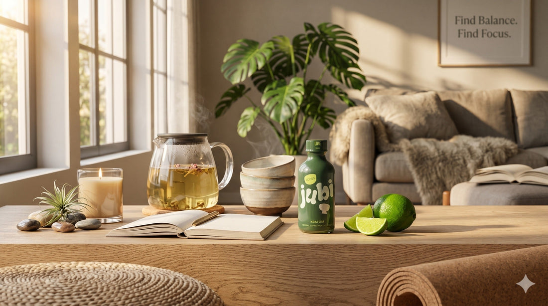 A well-being scene on a wooden table with a Jubi supplement bottle, herbal tea, and a journal, bathed in warm sunlight.