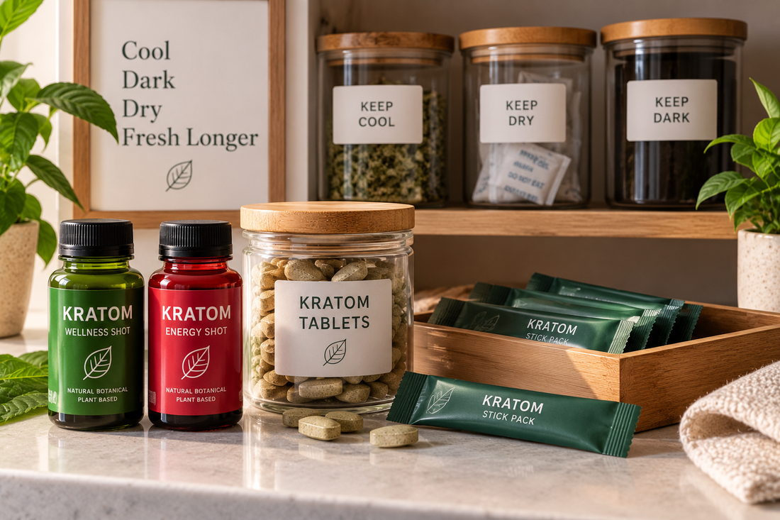 Kratom shots, tablets, and stick packs stored in a cool, dark, dry setting to help maintain freshness and product quality.
