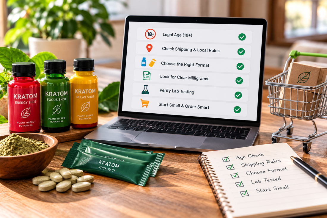 Buying kratom online with a beginner checklist covering legal age, shipping rules, product formats, clear milligrams, lab testing, and starting with a small order