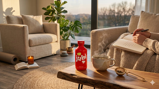 A cozy living room scene with a focus on a red supplement bottle, a steaming cup of tea, and a person journaling in the background.