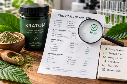 Kratom COA with batch number, alkaloid testing, heavy metals and microbial screening, magnifying glass, kratom powder, and lab testing equipment.