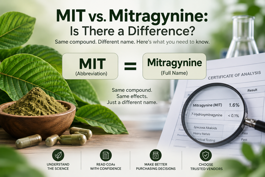 MIT vs Mitragynine comparison showing the same compound, kratom leaves, powder, and Certificate of Analysis (COA) for understanding mitragynine cont