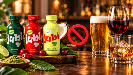 Jubi kratom shots shown separately from beer, wine, and spirits to illustrate why kratom and alcohol should not be mixed.