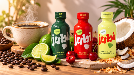 Jubi kratom shots with coffee, lime, and cherries illustrating how caffeine-free kratom shots can be combined with coffee.