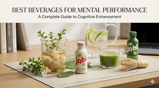 Best beverages for mental performance including Jubi nootropic shots, ceremonial matcha green tea, and infused water on a workspace setup.