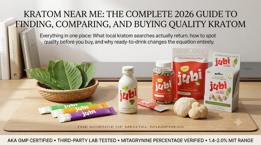 Kratom near me buying guide featuring laboratory-tested Jubi ready-to-drink shots, powder stick packs, capsules, and 7-OH tablets on a wooden desk.
