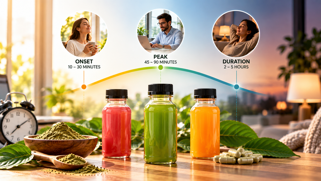 How long does a kratom shot last showing onset peak and duration