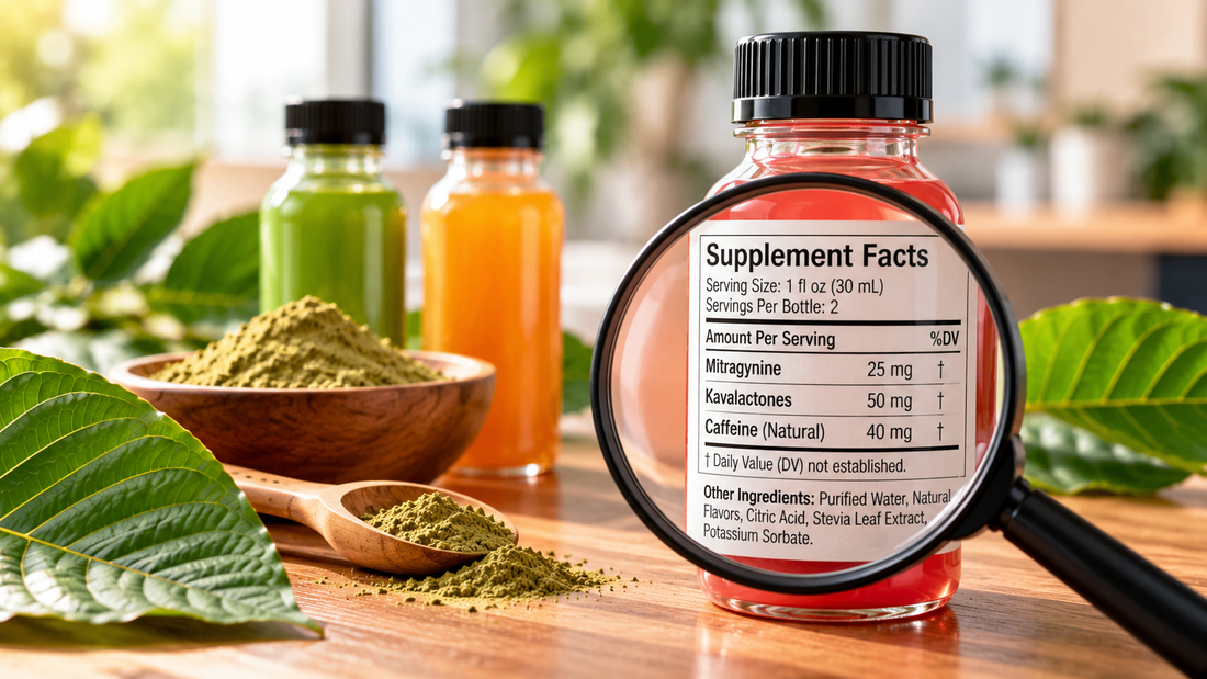 How to read a kratom shot label including mg, servings, and ingredients