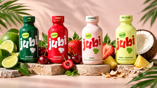 Jubi kratom and kava shots featuring lime, cherry, strawberry, and piña colada flavors with fresh fruit and tropical ingredients.