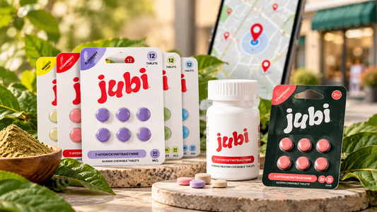 Jubi chewable tablet packs and bottle displayed with a location map, herbal leaves, and kratom powder to illustrate MIT-9 tablet availability near you.