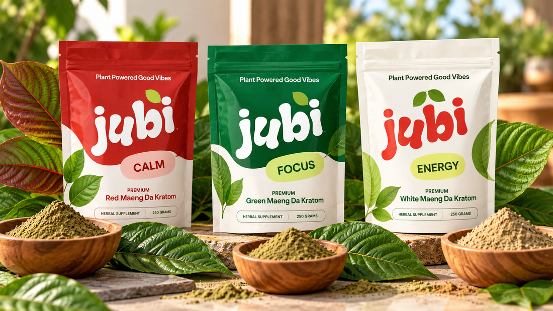 Jubi red, green, and white Maeng Da kratom powders displayed in labeled pouches with fresh kratom leaves.