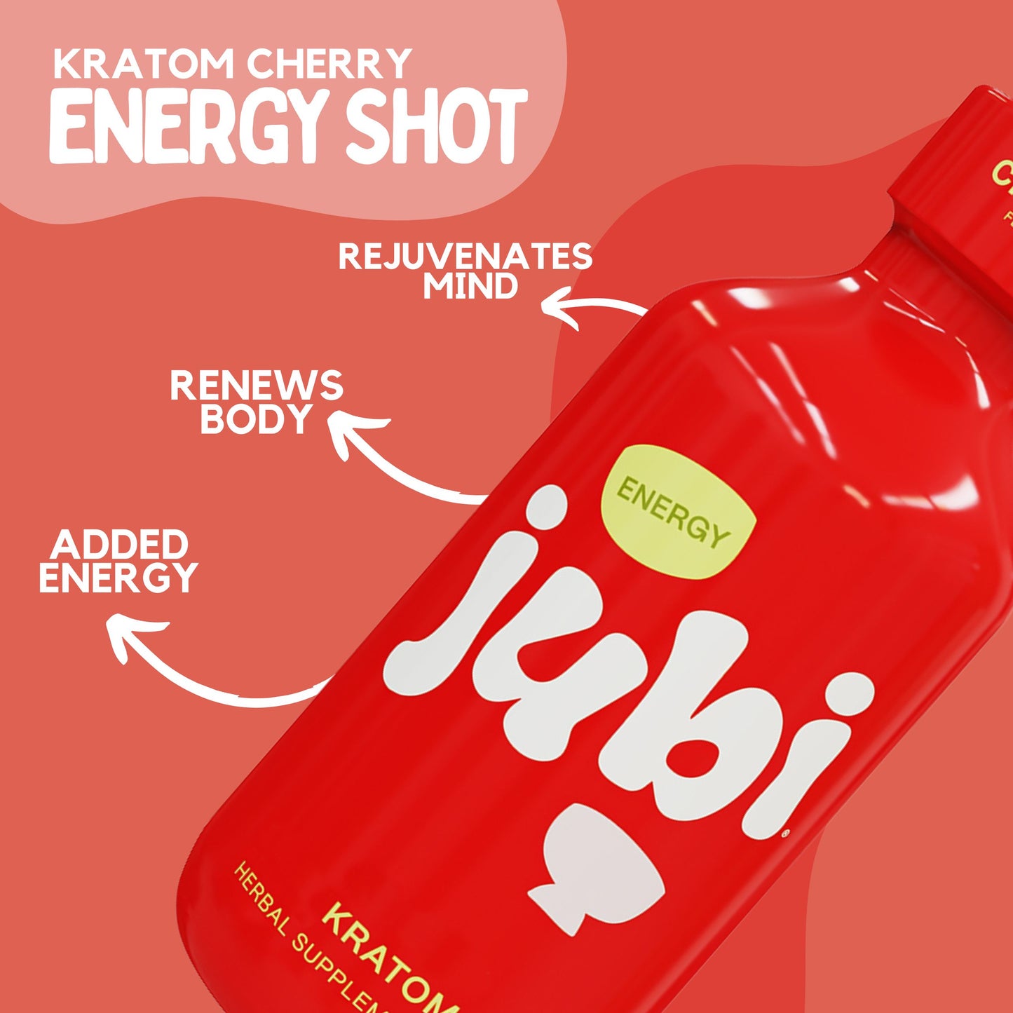 Kratom Cherry Energy Shot with benefits labeled.