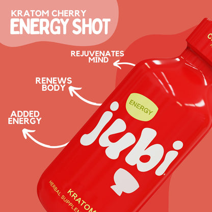 Kratom Cherry Energy Shot with benefits labeled.