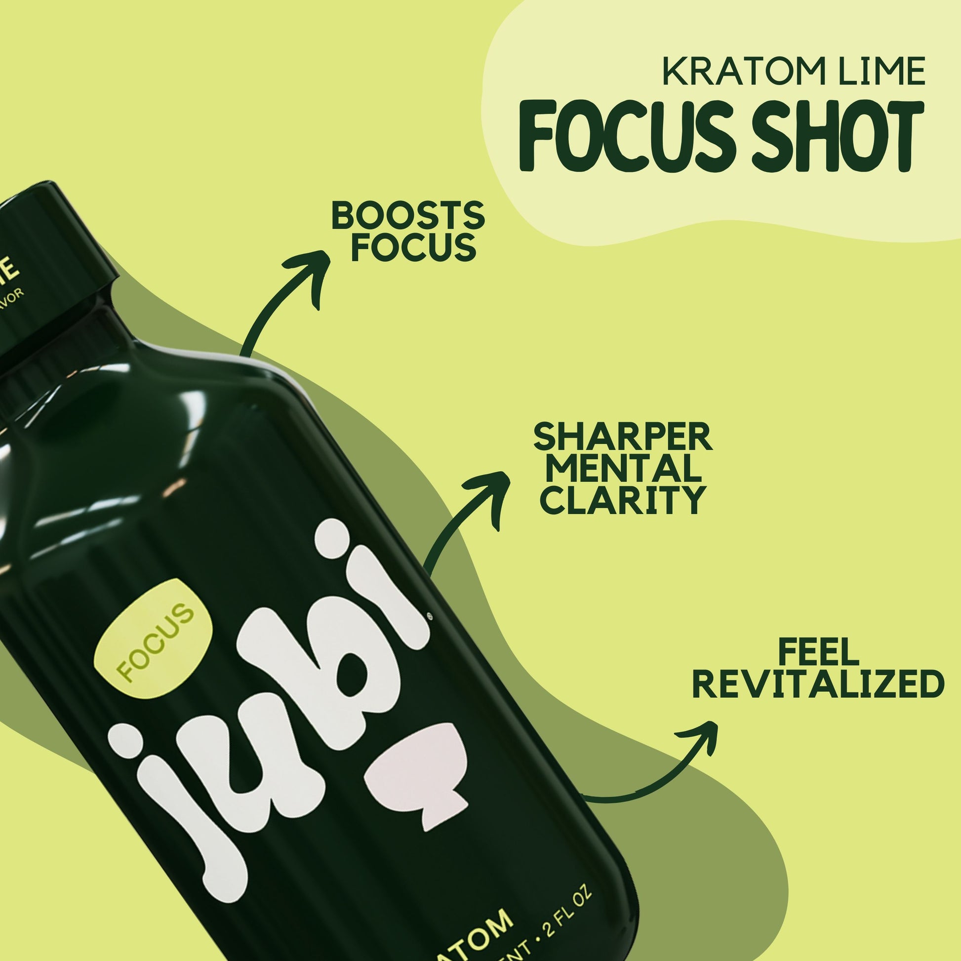 Jubi Kratom Lime Focus Shot highlighting benefits: boosts focus, sharper mental clarity, feel revitalized.