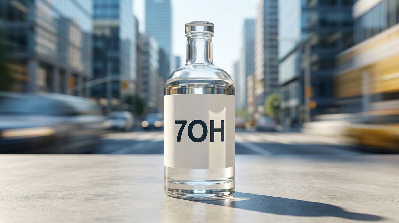 7OH shot bottle displayed in a modern urban daytime setting