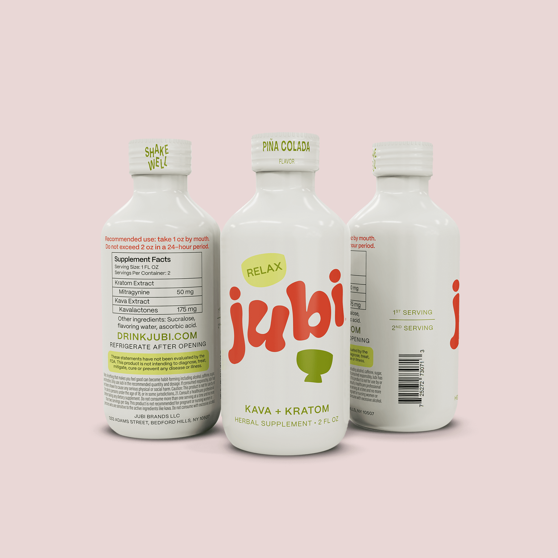 Jubi Relax Kratom + Kava shots, front, back, and side angles